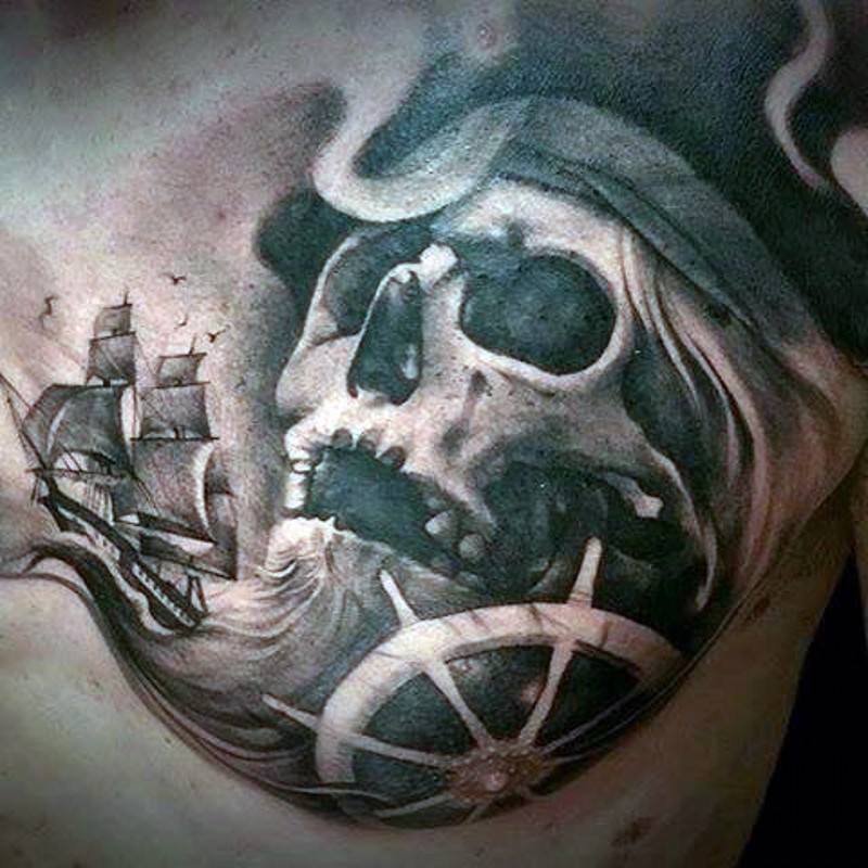 Amigos Tire Shop >> Tatuaje en el pecho, cráneo grande del pirata con barco y ... Amigos Tire Shop >> Tatuaje en el pecho, cráneo grande del pirata con barco y ...